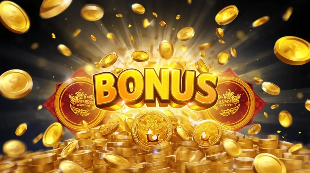 Shining gold coins and reward icons floating in digital scene