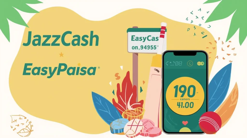 Graphic showing local PKR payments and cricket elements