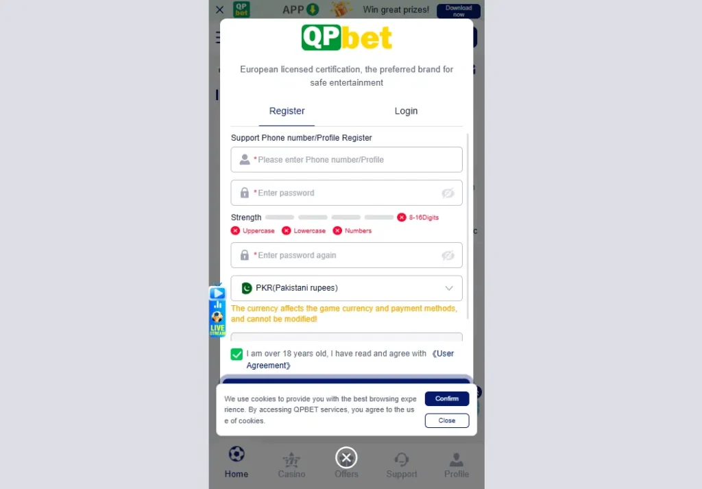 QPBet Game register screen