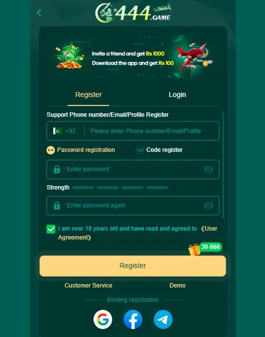 Mobile game registration login screen