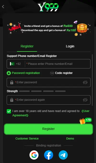 Register on mobile earning app