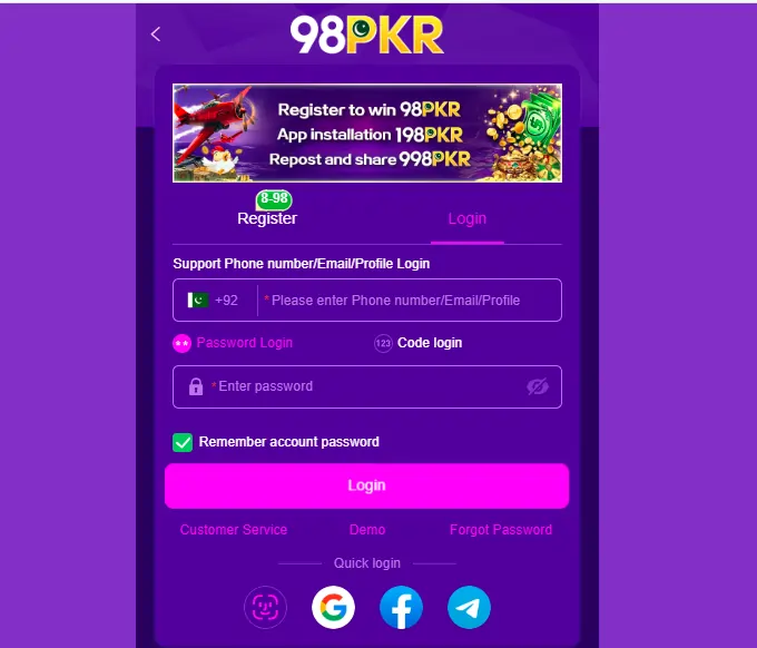 98PKR registration and login guide
