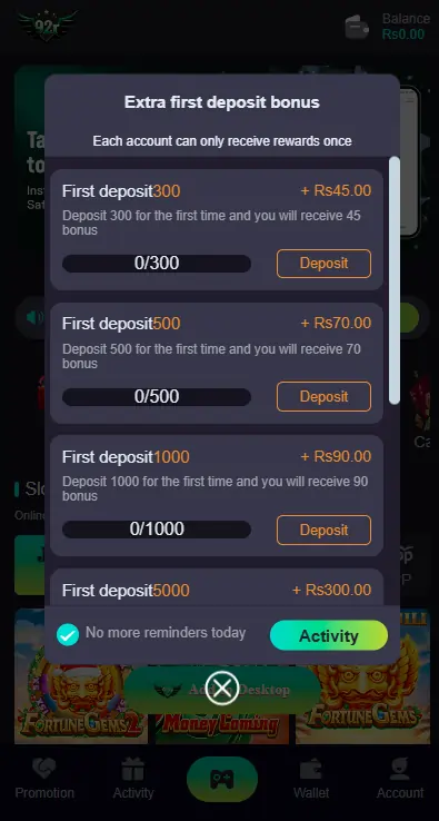 92R Game rewards and bonuses