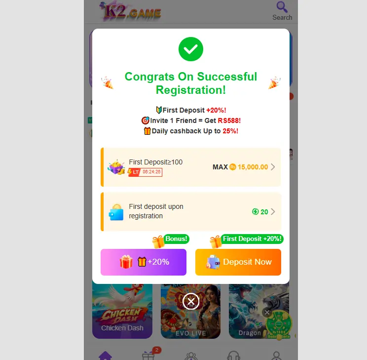 k2 game bonus rewards screen