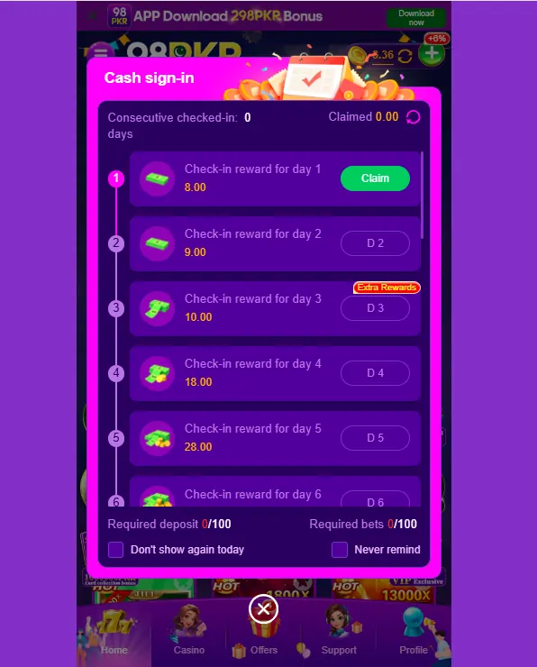 98pkr game daily logins rewards