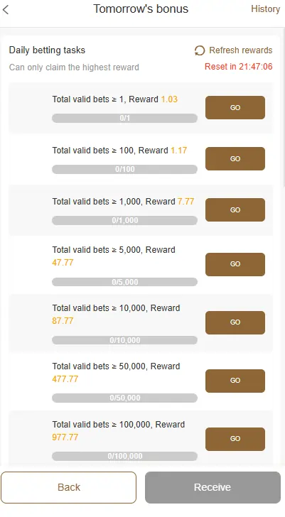 casino bonus rewards screen