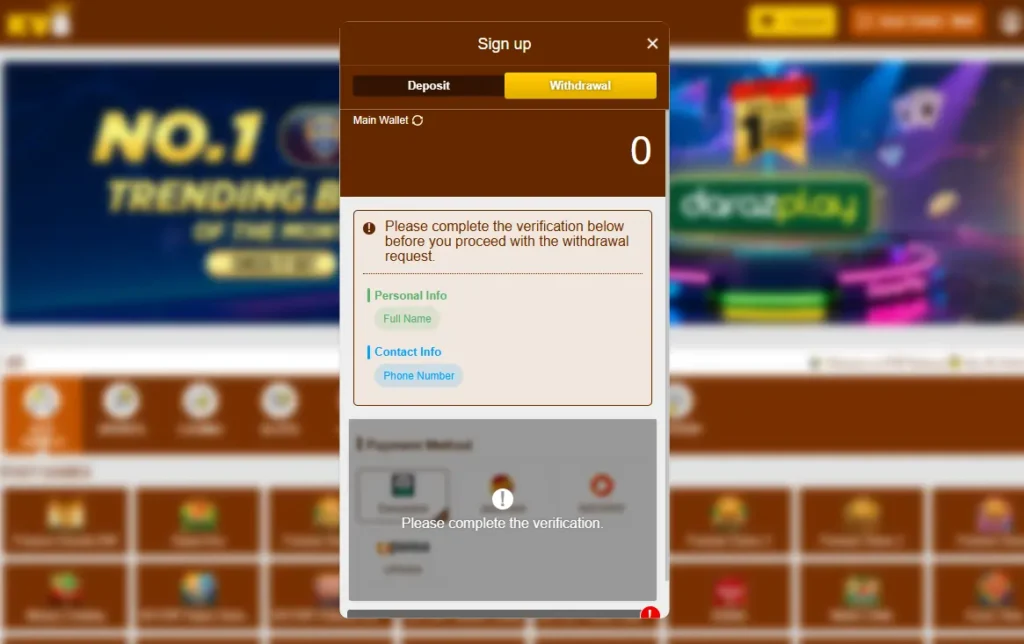 KV8 Game payment methods
